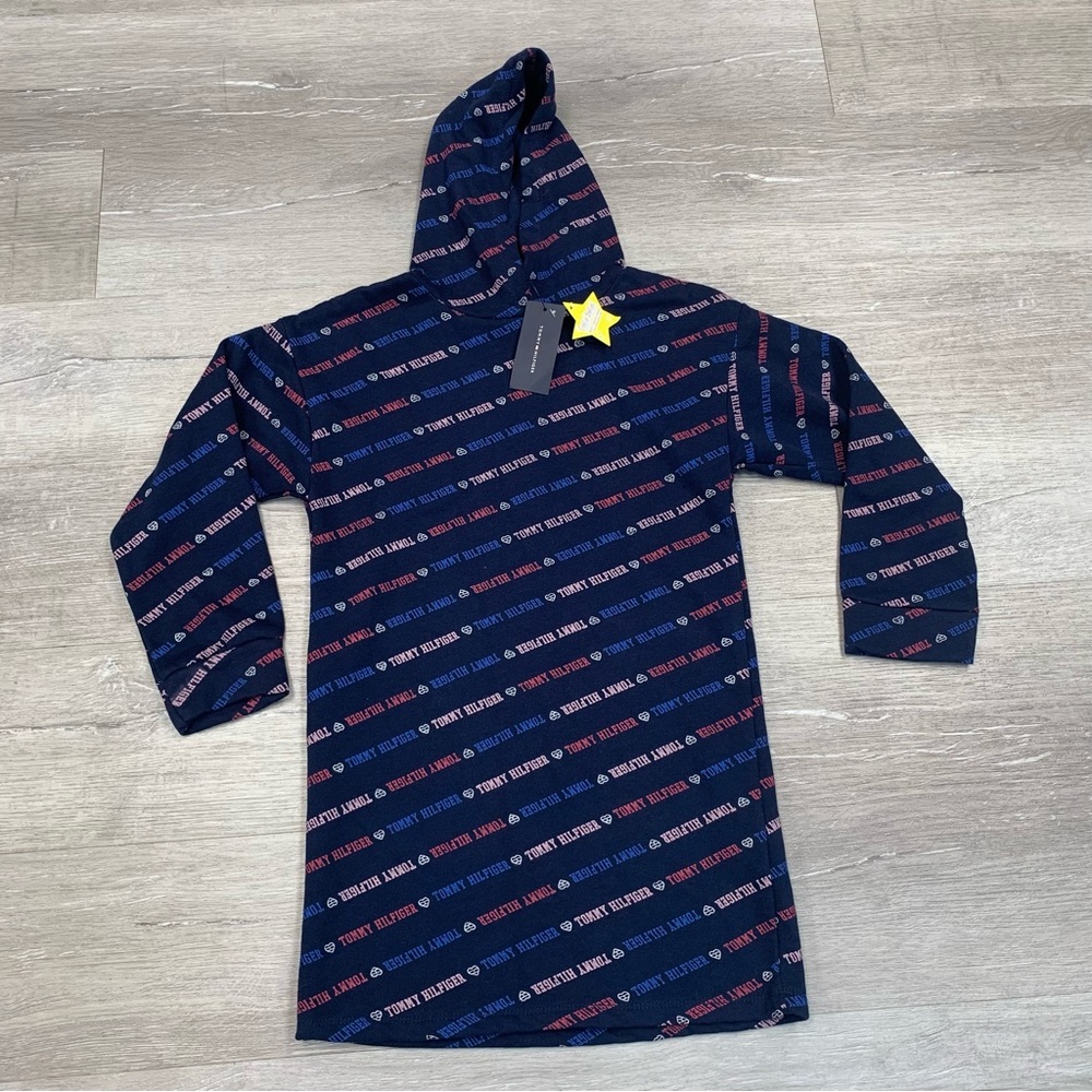 Tommy Hilfiger Navy and Red Logo-Print Hooded Tunic Dress